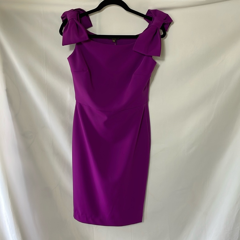 Magenta cocktail party dress with self shoulder bows